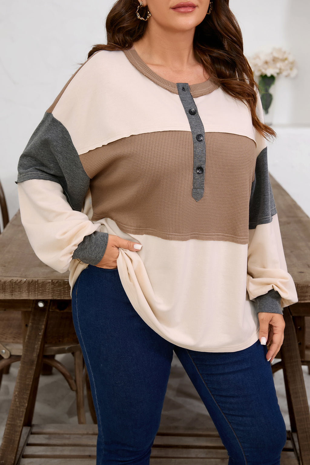 Jet Stream Color Block Waffled Patchwork Loose Henley Top