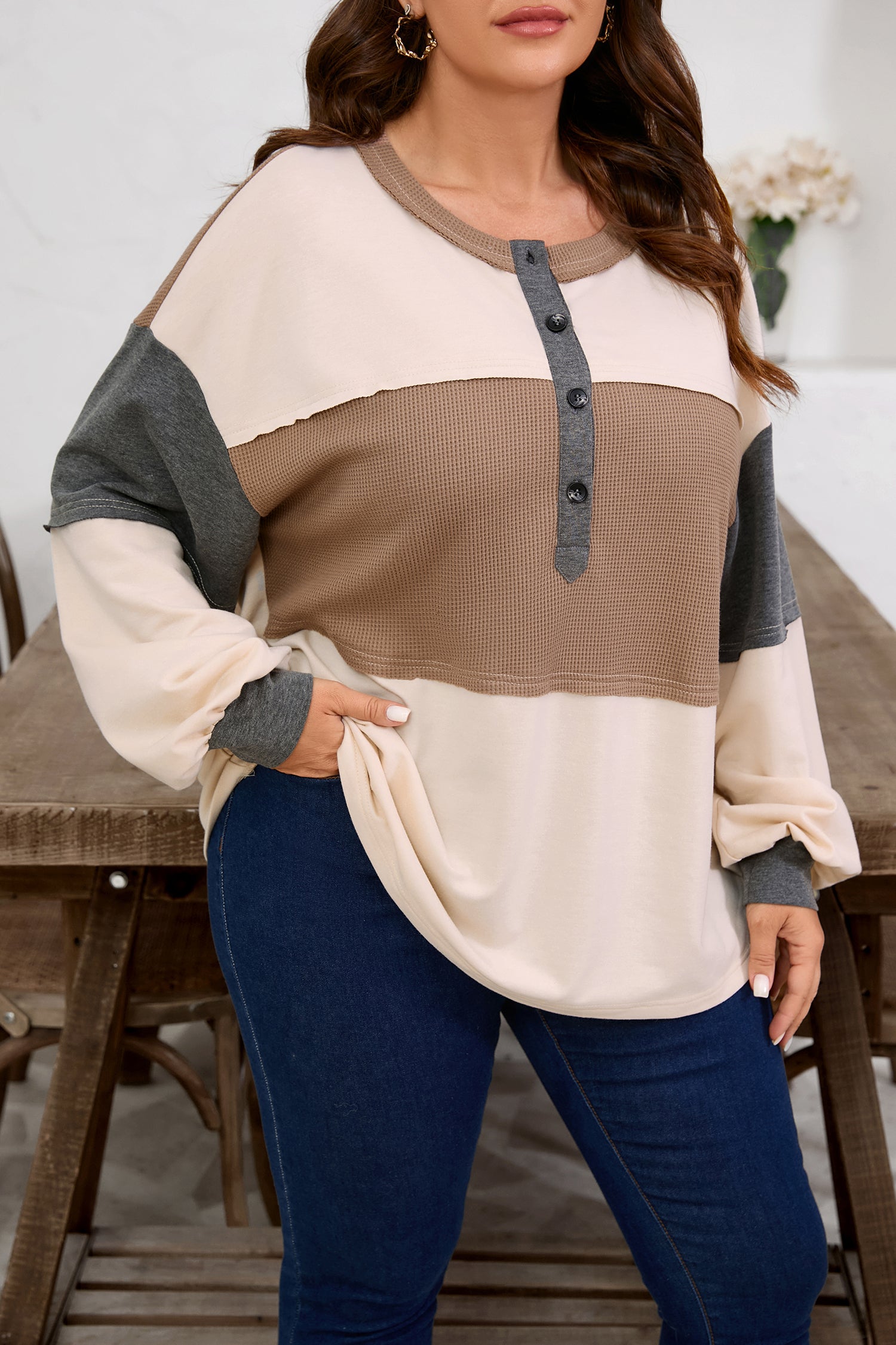 Jet Stream Color Block Waffled Patchwork Loose Henley Top