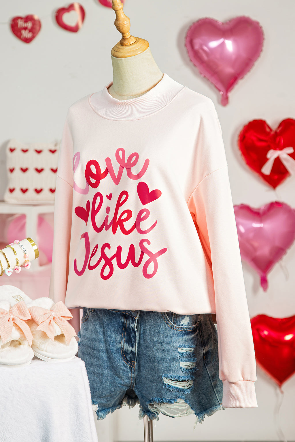 Bright Pink Oversize Blessed Embroidered Mock Neck Sweatshirt
