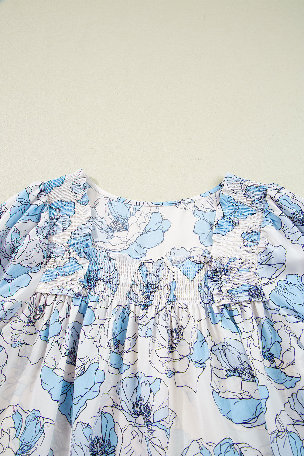 Sky Blue Floral Print Tie Neck Long Sleeve Flowy Mini Dress