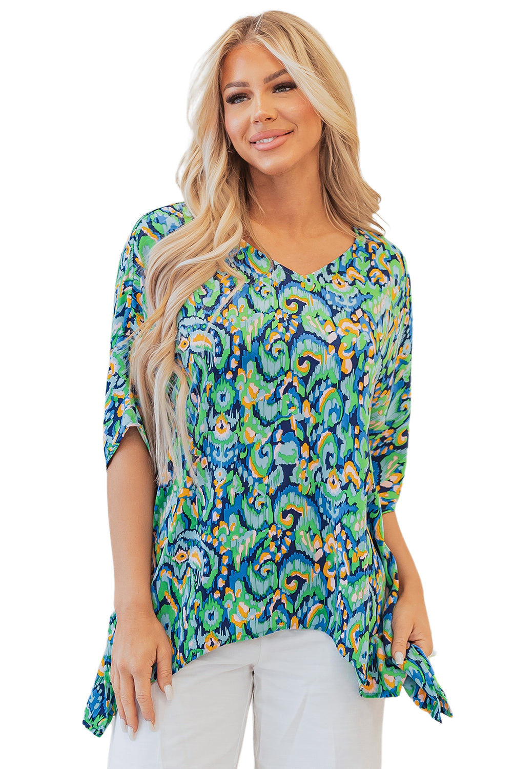 Pink Abstract Print V Neck Half Sleeve Loose Fit Tunic Blouse