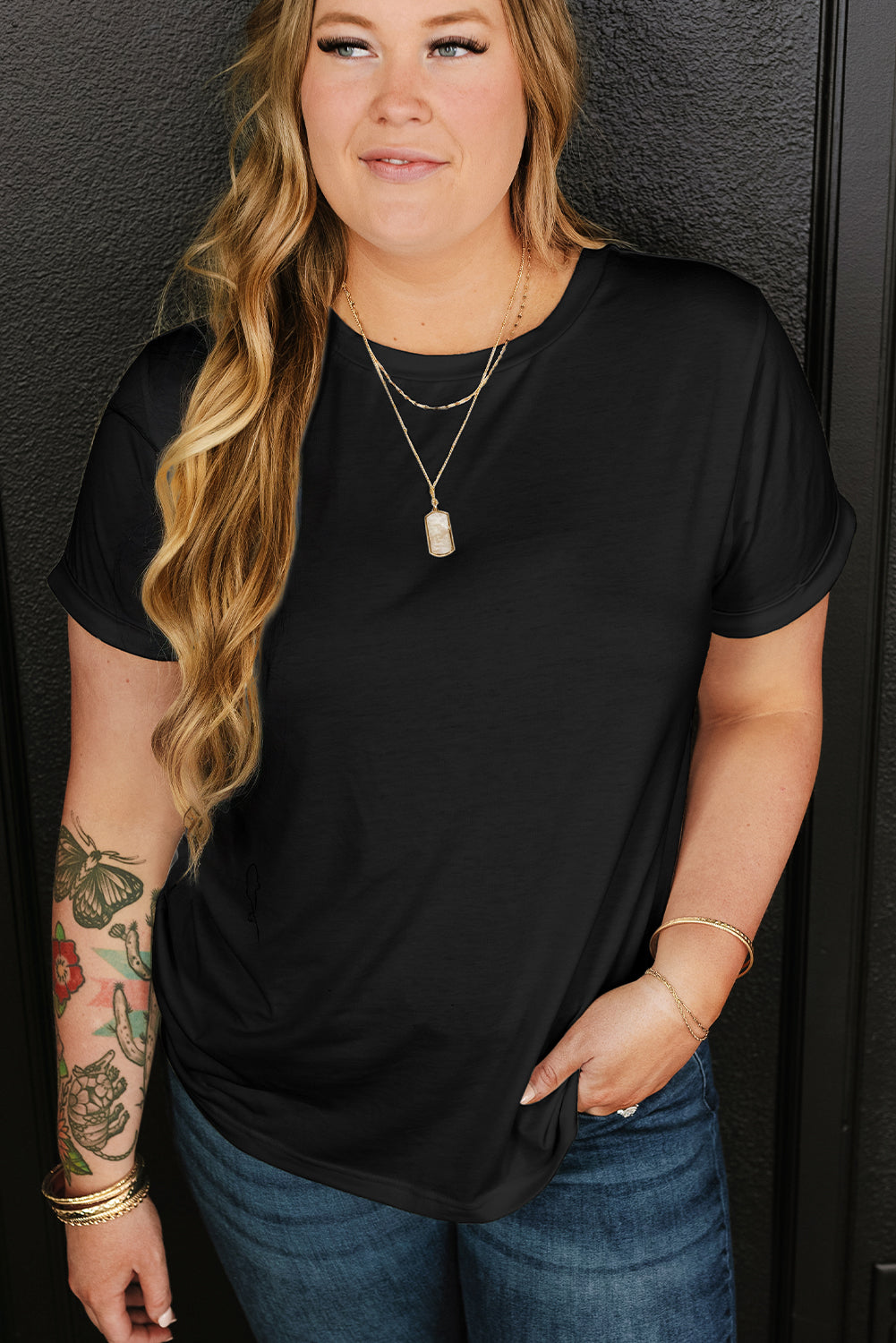 Iceland Blue Round Neck Rolled Sleeve Plus Size T-shirt