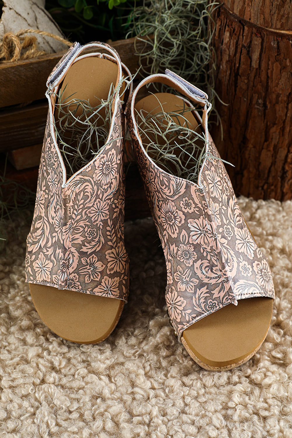Light French Beige Floral Print Hollowed Strappy Wedged Sandals