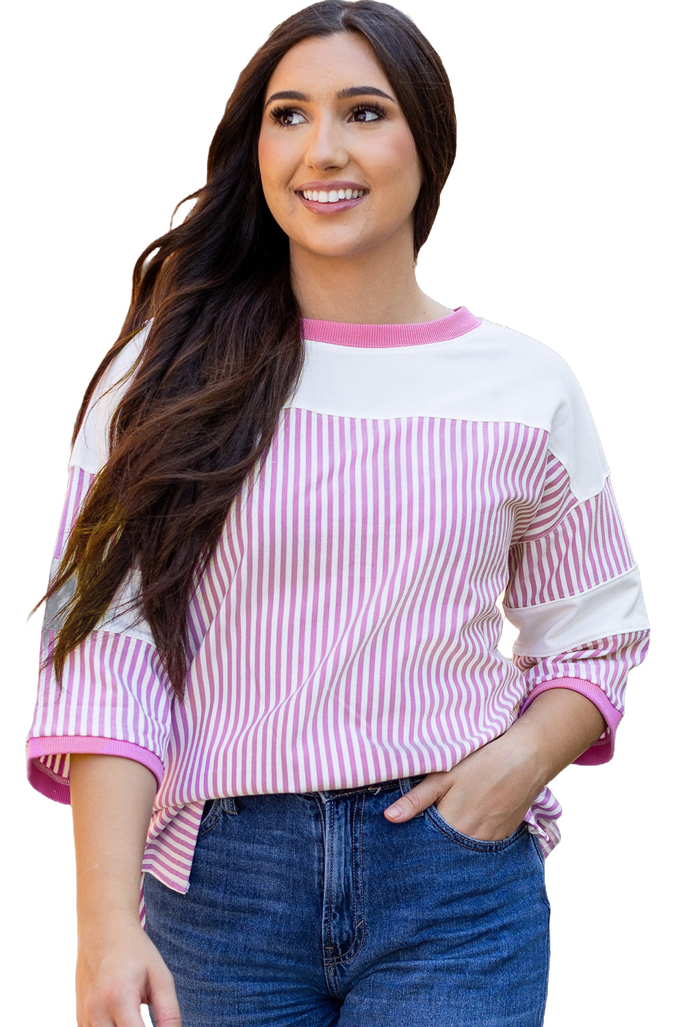 Pink Stripe Patchwork Bracelet Sleeve Plus Size T Shirt