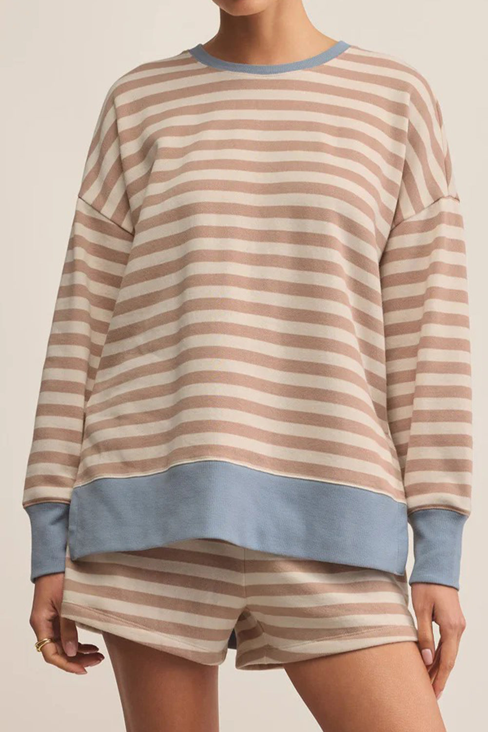 Khaki Stripe Color Block Patchwork Oversized Pullover 2pcs Shorts Set