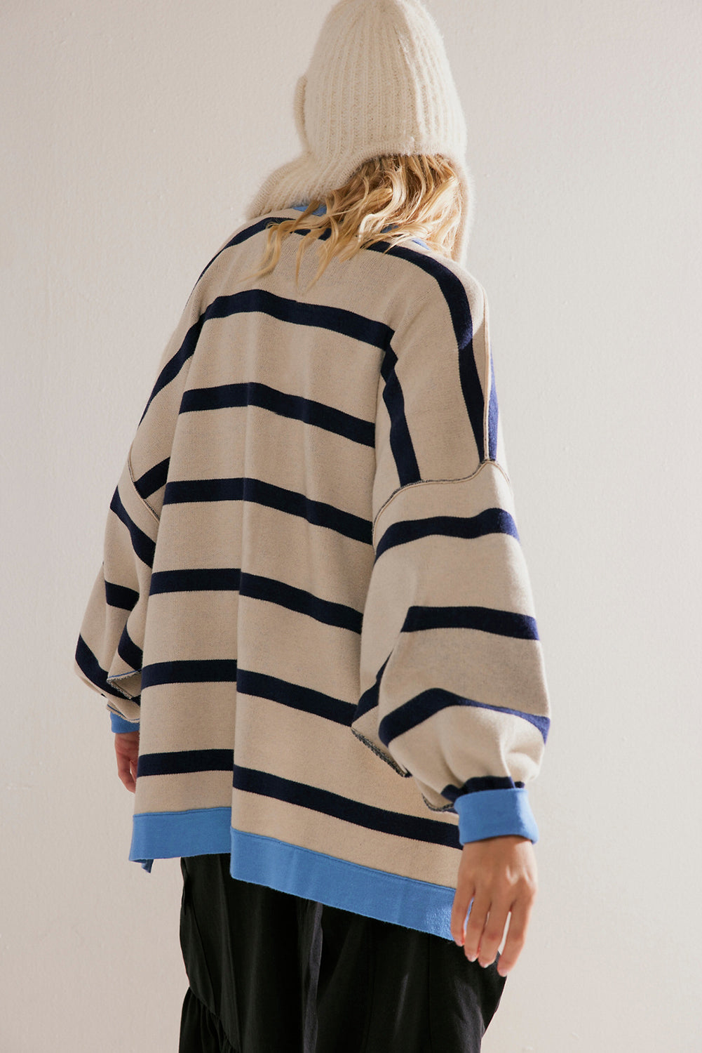 Pink Stripe Colorblock Drop Shoulder Buttoned Loose Cardigan