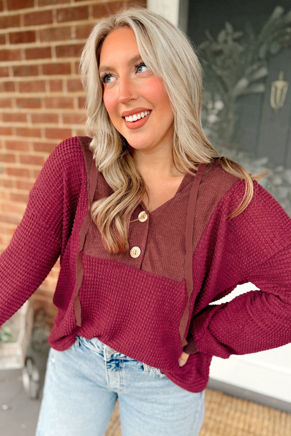 Oatmeal Waffle Patchwork Drop Shoulder Hooded Long Sleeve Top