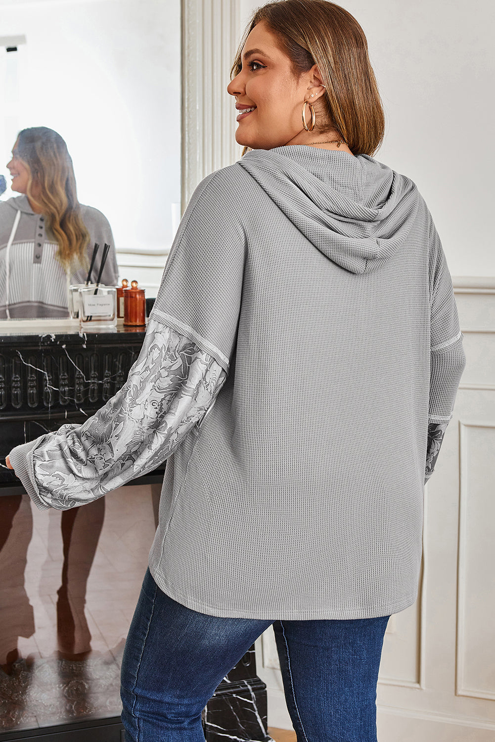 Gray Waffle Printed Patchwork Drawstring Hooded Long Sleeve Top