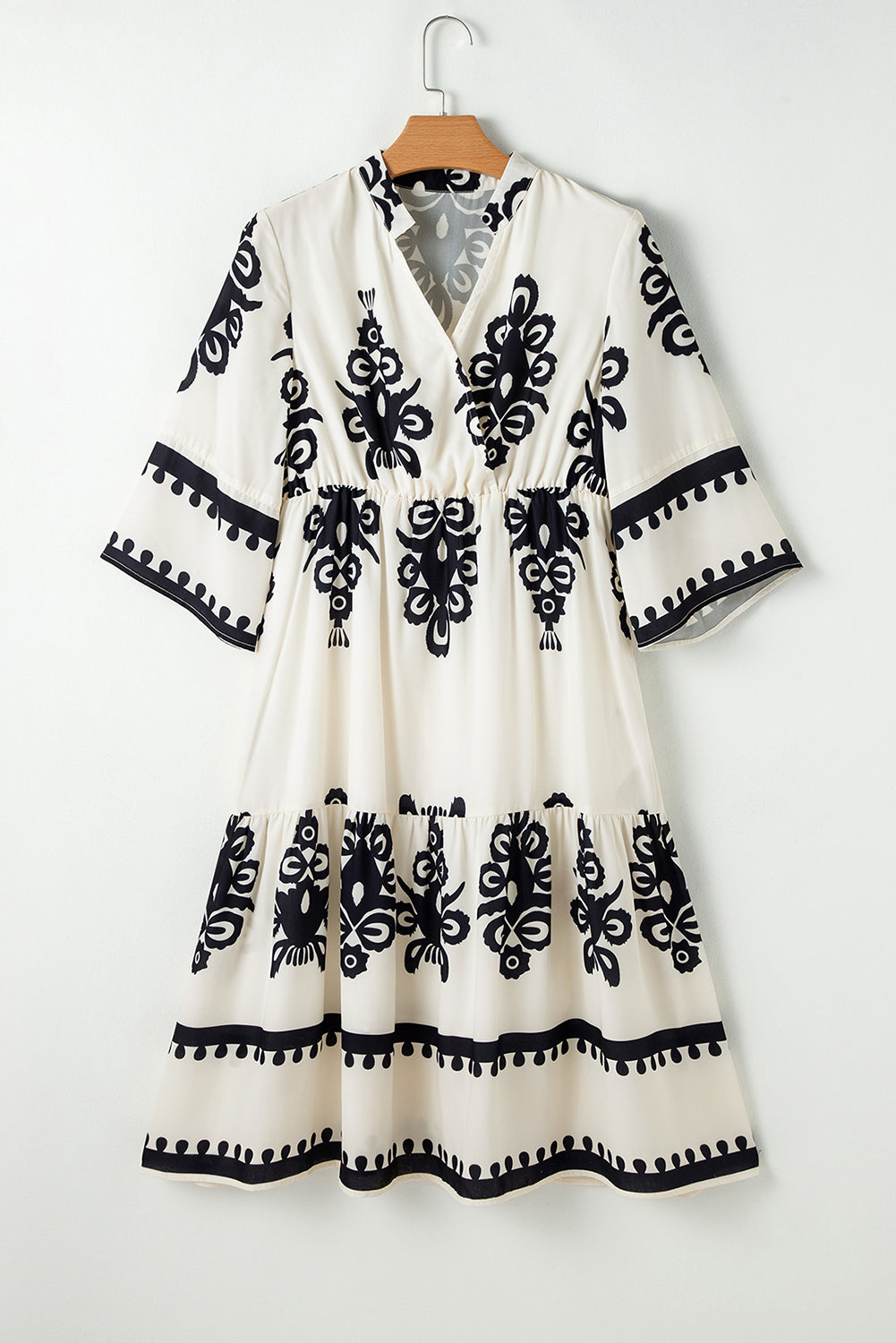Orange Vintage Geometric Printed 3/4 Sleeve V Neck Blouse
