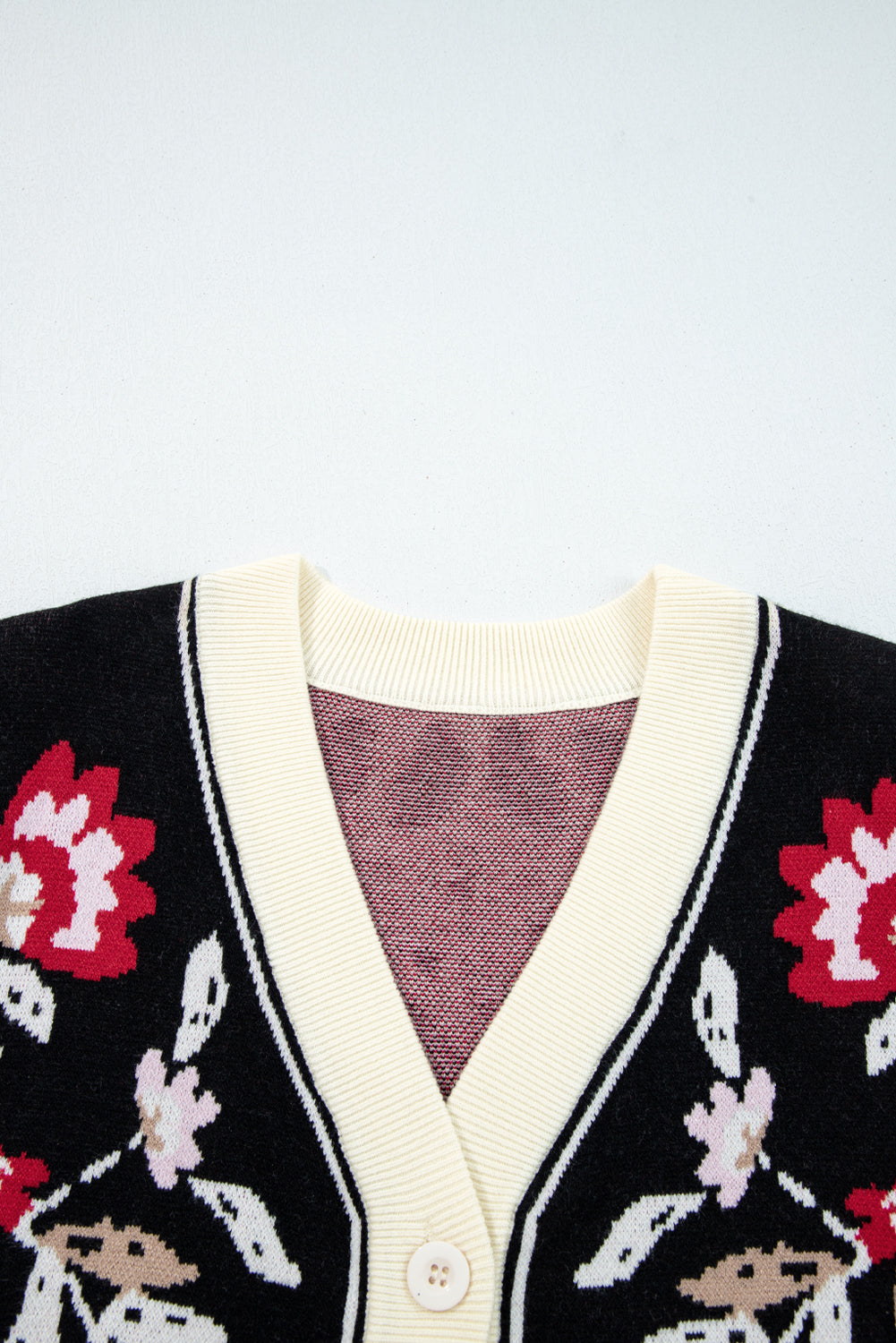 Black Floral Print Buttoned Front V Neck Knit Cardigan
