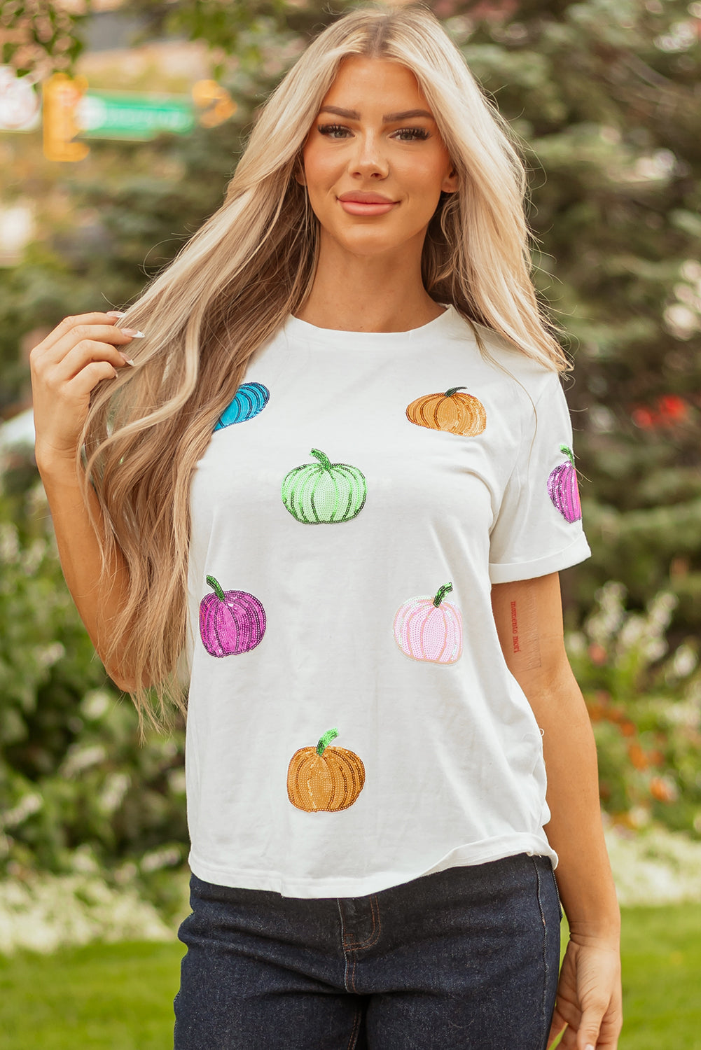 White Colorful Pumpkin Sequin Patched Drop Shoulder Sweatshirt