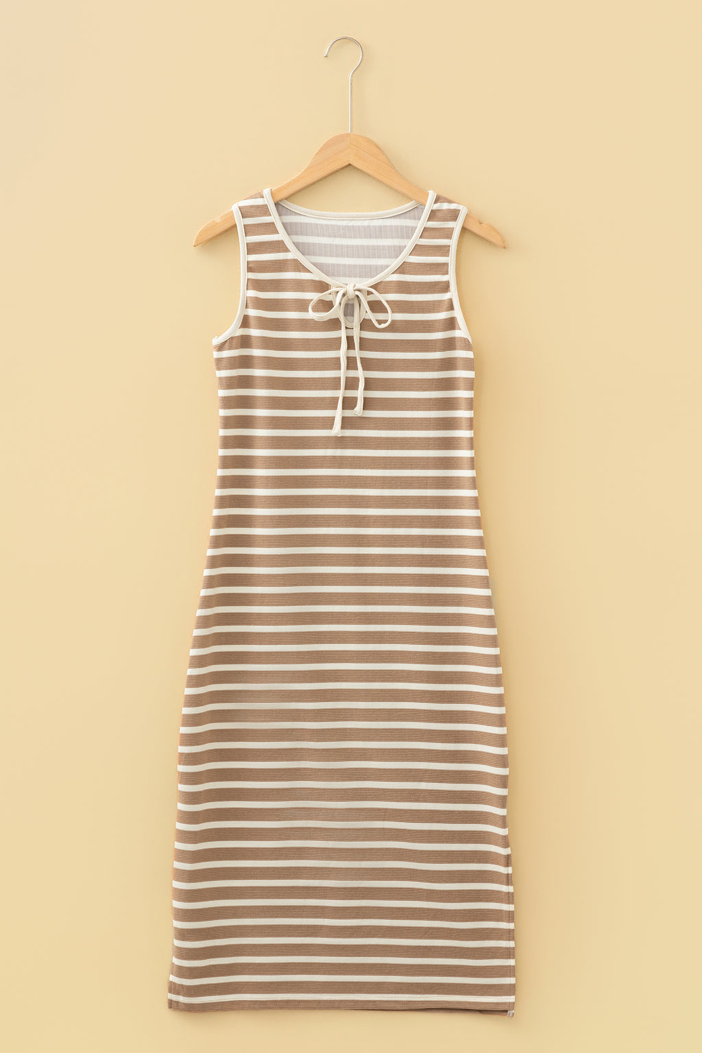 Khaki Stripe Tie V Neck Sleeveless Side Slit Midi Dress