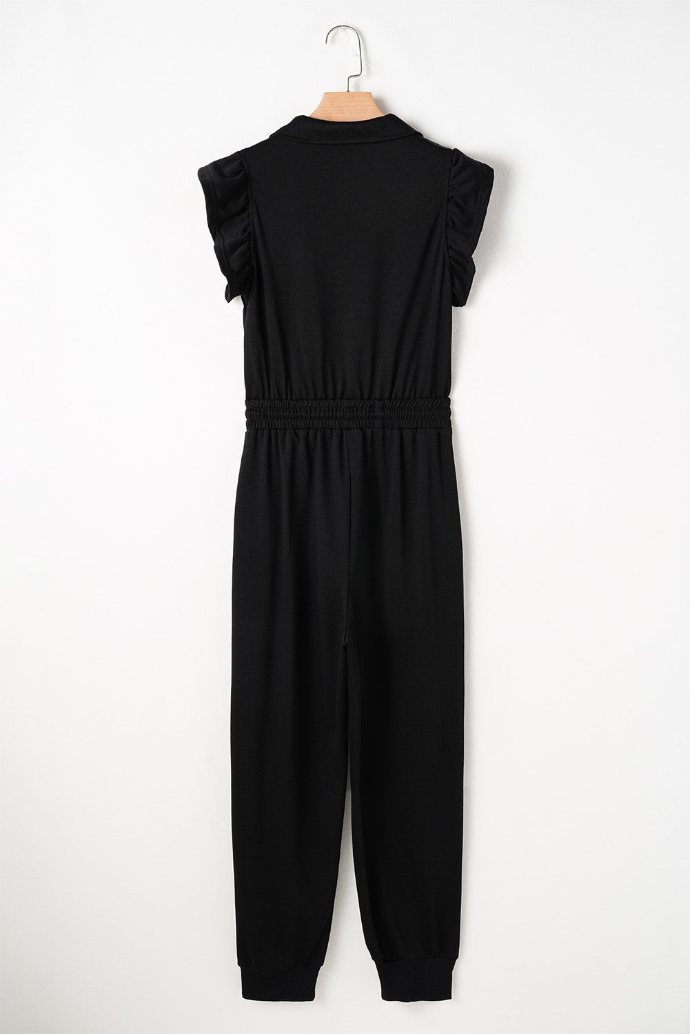 Black Zipper Flutter Sleeve Drawstring Elastic Waistband Jumpsuit
