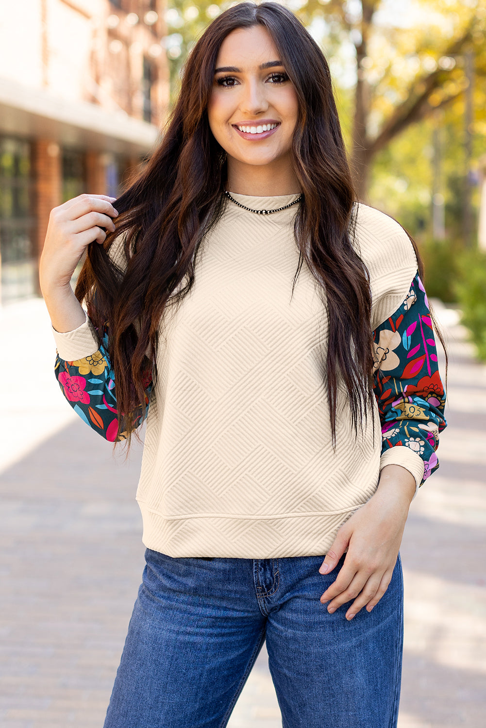 White Floral Patchwork Sleeve Textured Plus Size Pullover Top