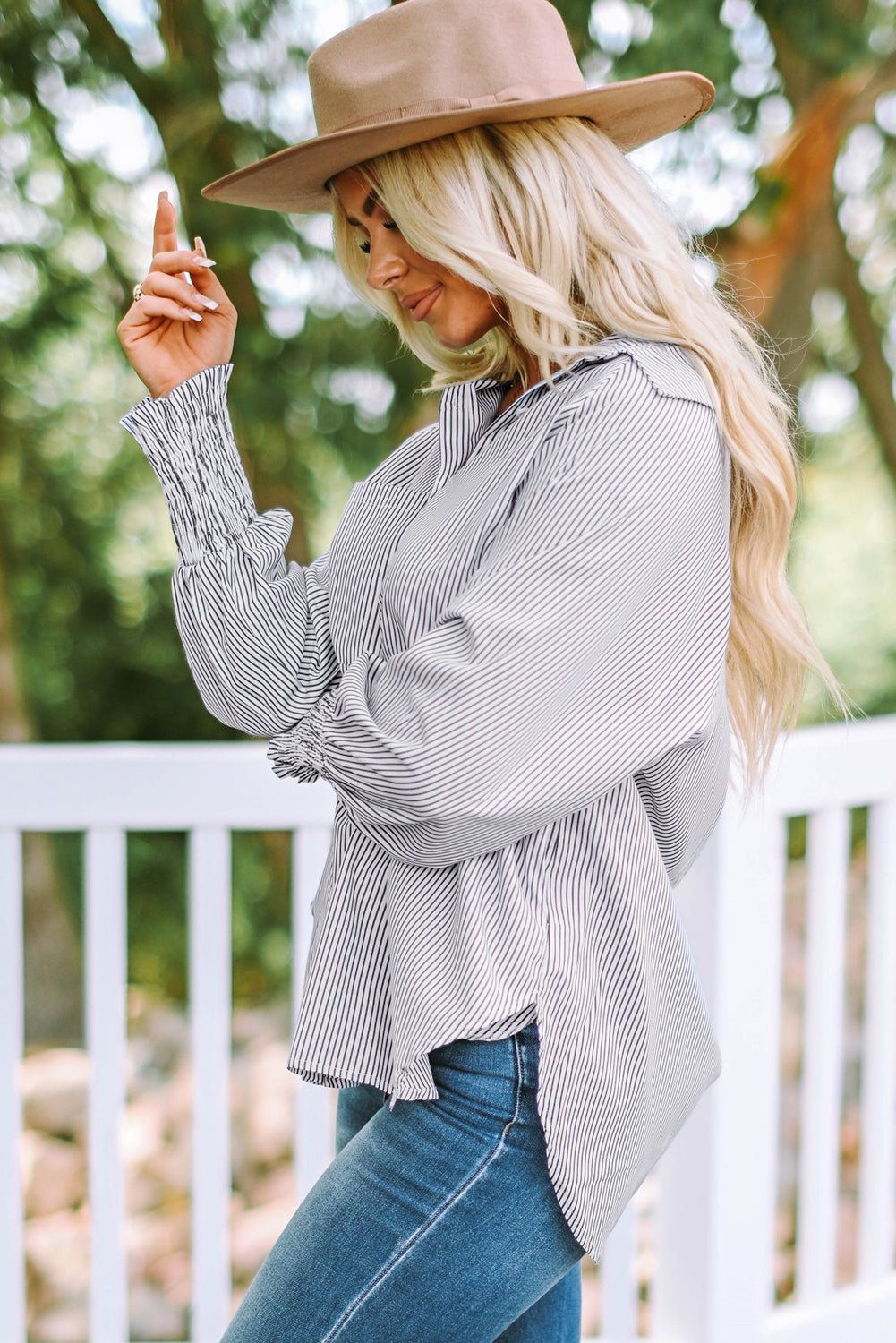 Red Stripe Smocked Cuffed Striped Boyfriend Shirt with Pocket
