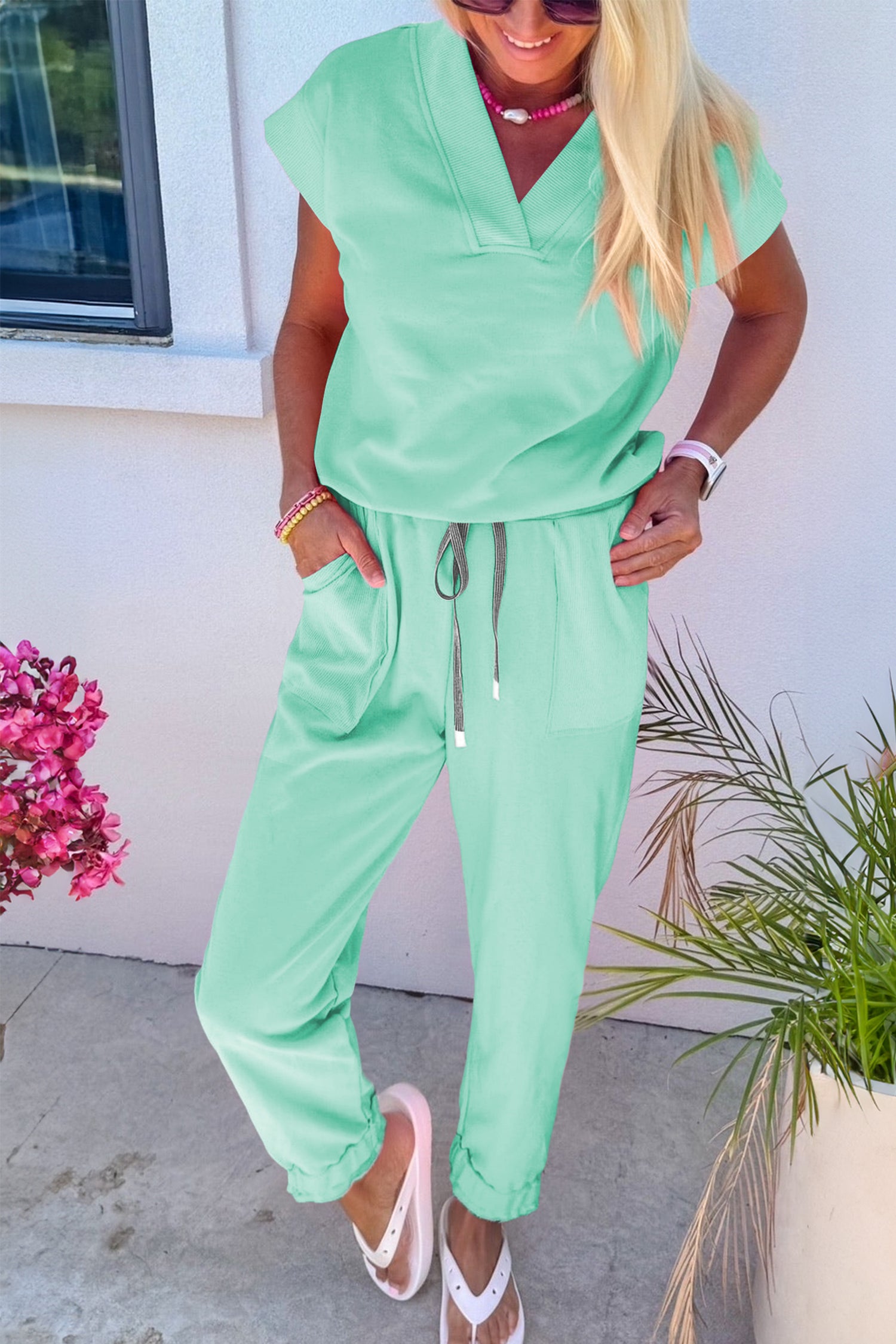 Mist Blue Solid Color Loose Tee Drawstring Wide Leg Pants 2pcs Outfit