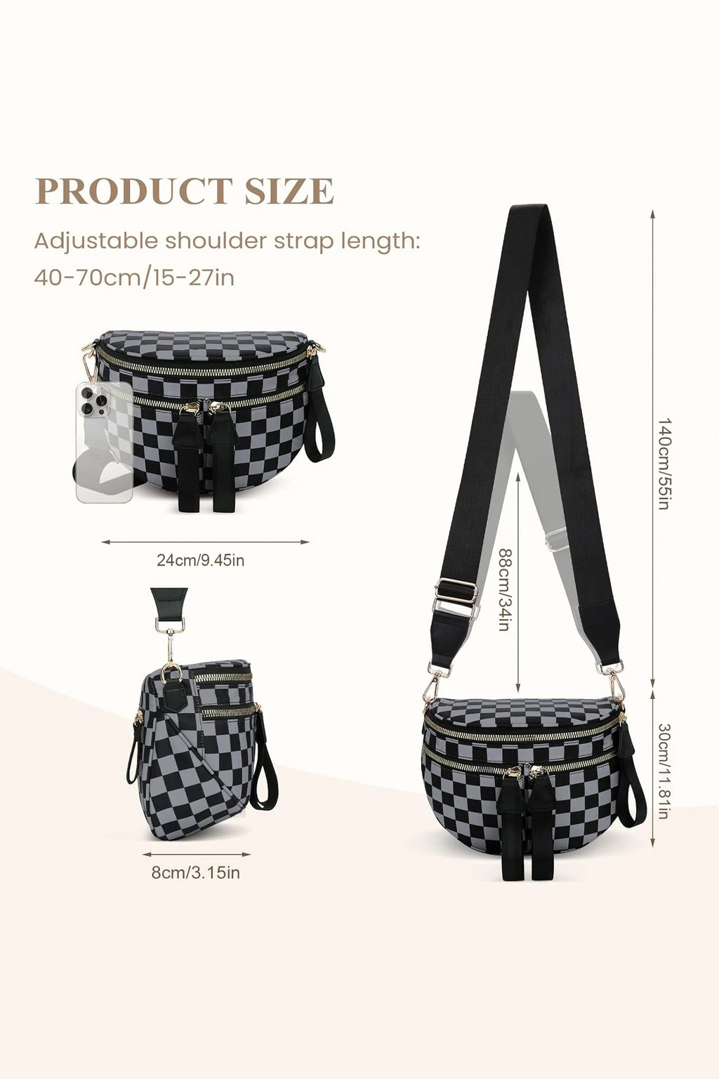 Color black Checkered Print Multi Pocket Zipped Canvas Crossbody Bag