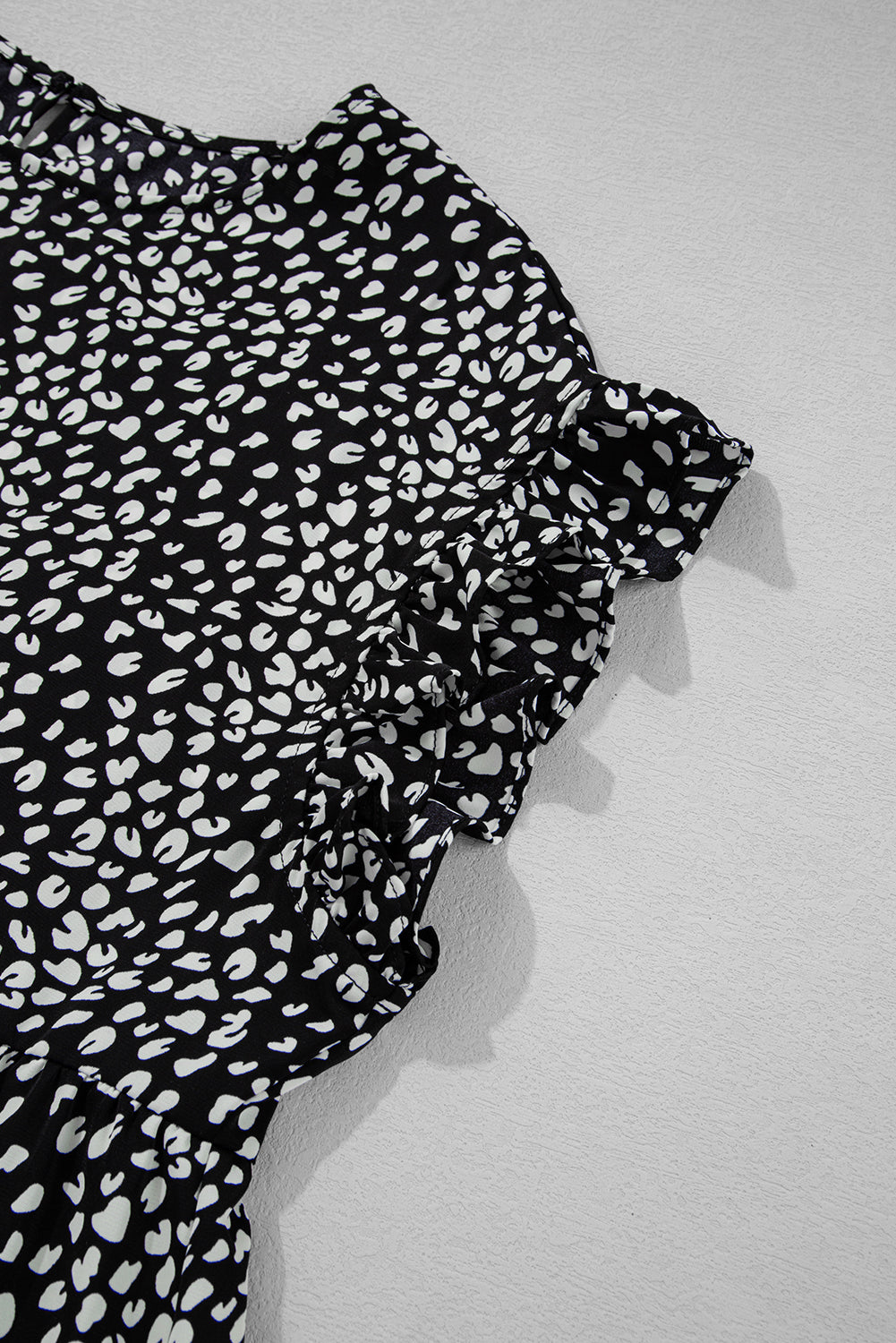 Black Leopard Print Ruffled Short Sleeve Keyhole Back Tiered Flowy Plus Size Blouse