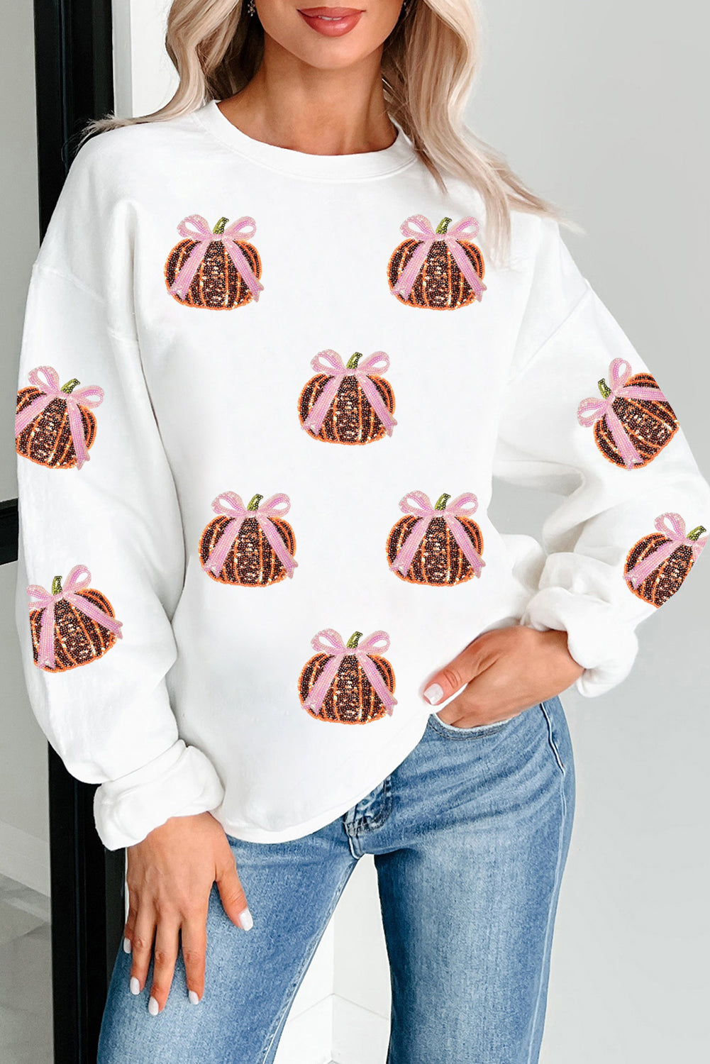 White Colorful Pumpkin Sequin Patched Drop Shoulder Sweatshirt