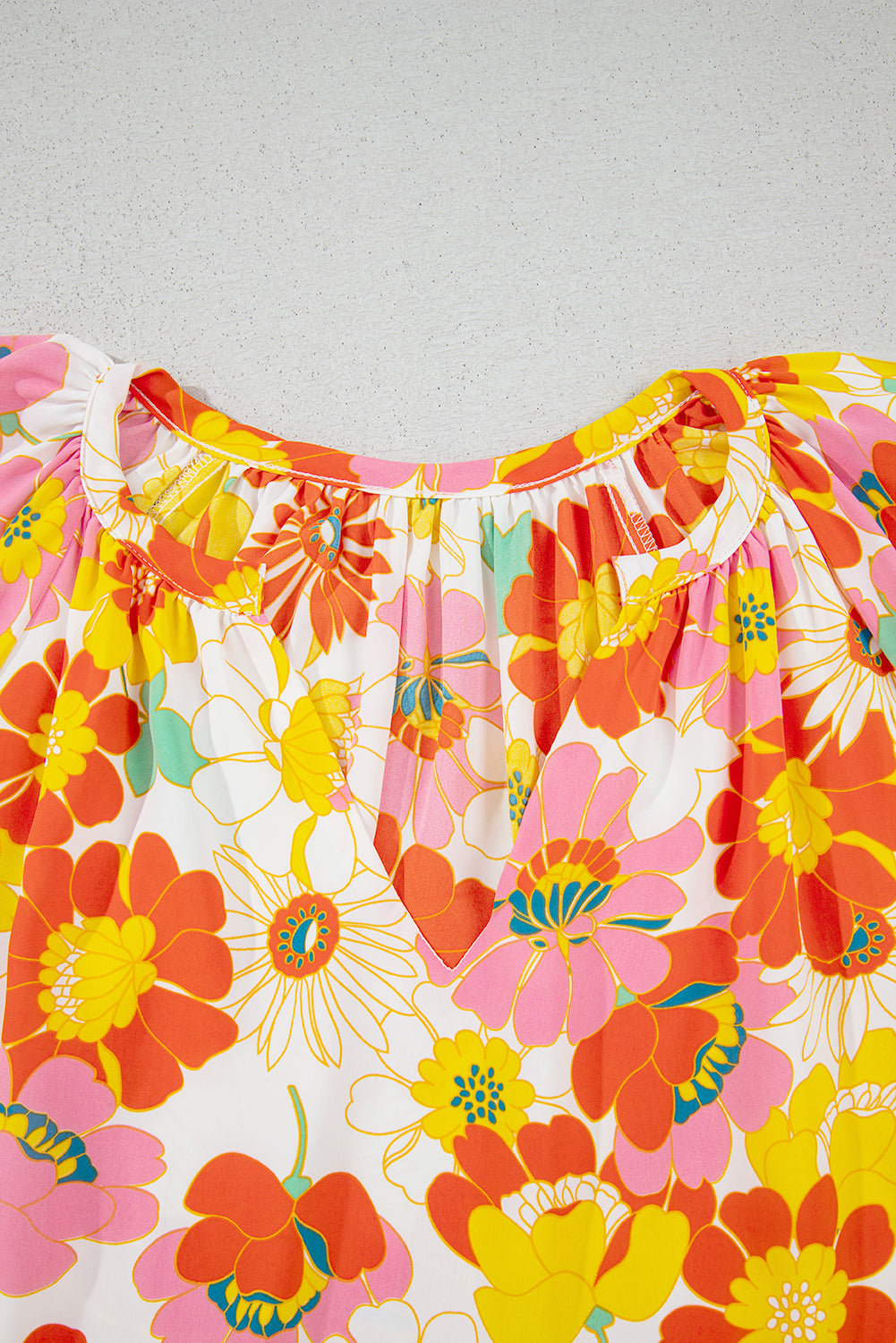 Multicolor Stand Collar Flutter Sleeves Floral Top