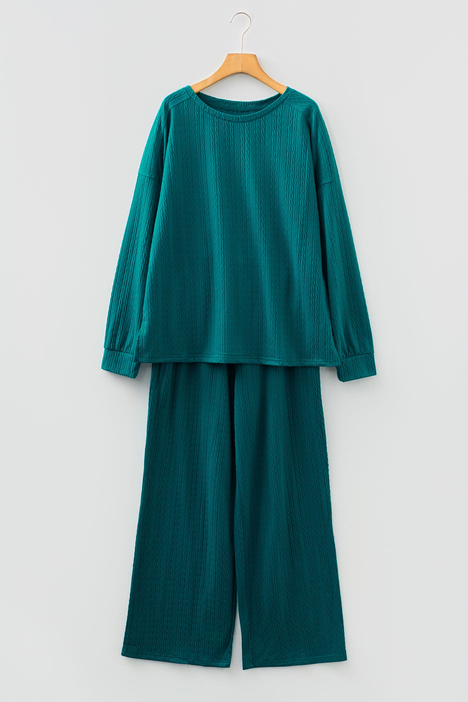 Smoke Green Textured Round Neck Sweatshirt & Loose Drawstring High Waist Pant Set