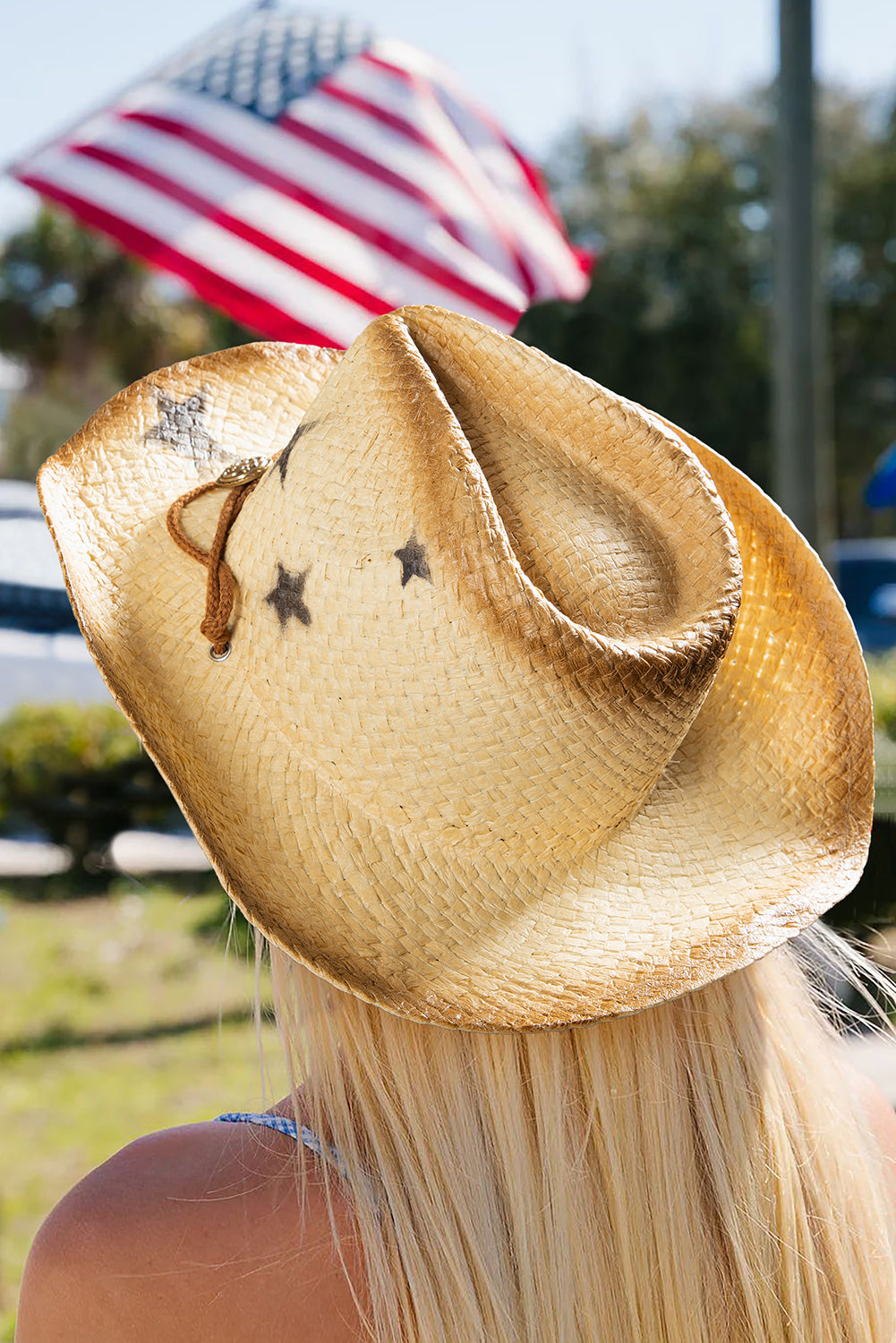 Khaki Vintage Star Shape Woven Wide Brim Buckle Hat