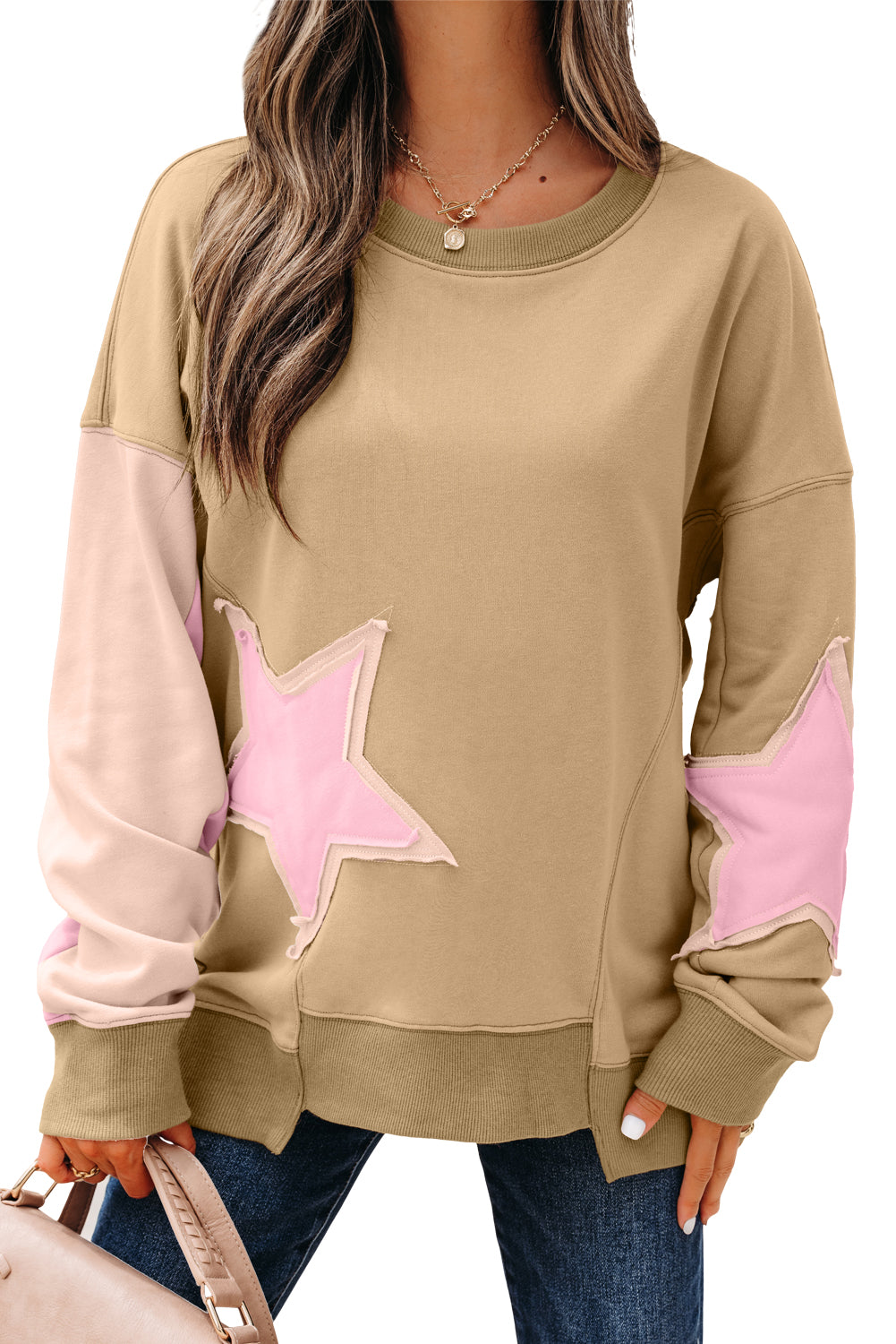 Rose Pink Contrast Star Patchwork Exposed Seam Uneven Hem Drop Shoulder Sweatshirt