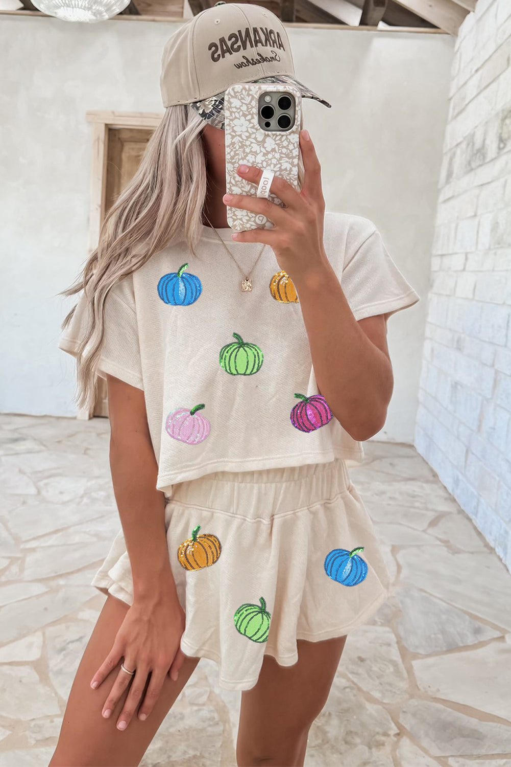 White Colorful Pumpkin Sequin Patched Drop Shoulder Sweatshirt