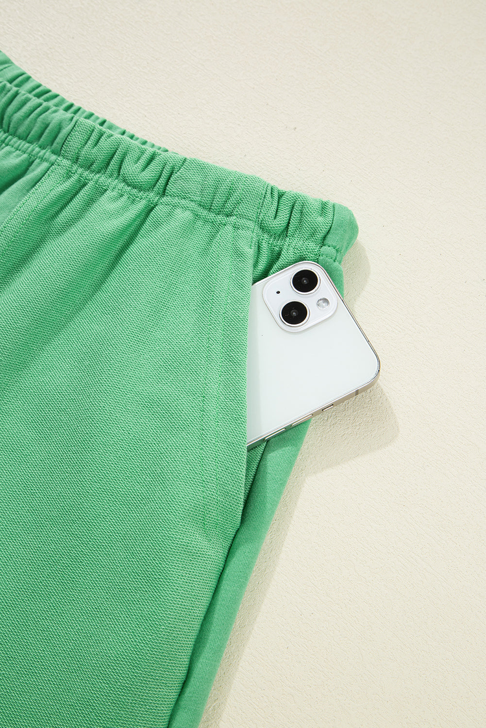 Mint Green V Neck Drop Shoulder Tee and Patchwork Drawstring Elastic Waistband Shorts Set