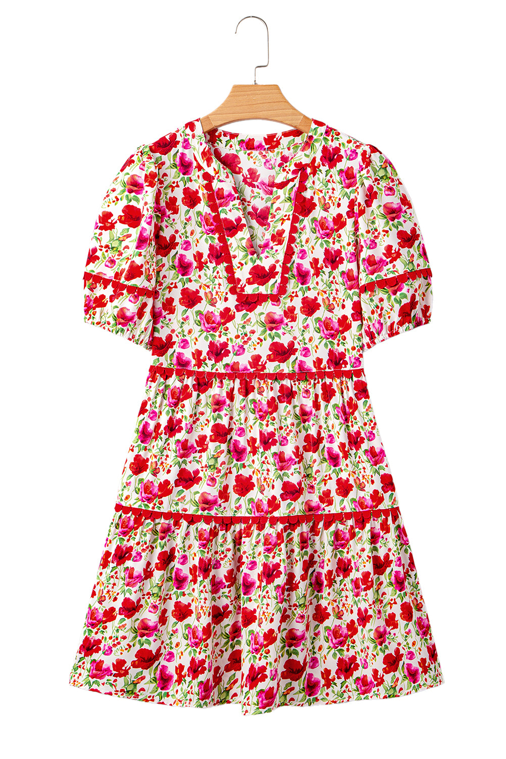 Red Floral Print Striped Patchwork Collared Short Sleeve Blouse