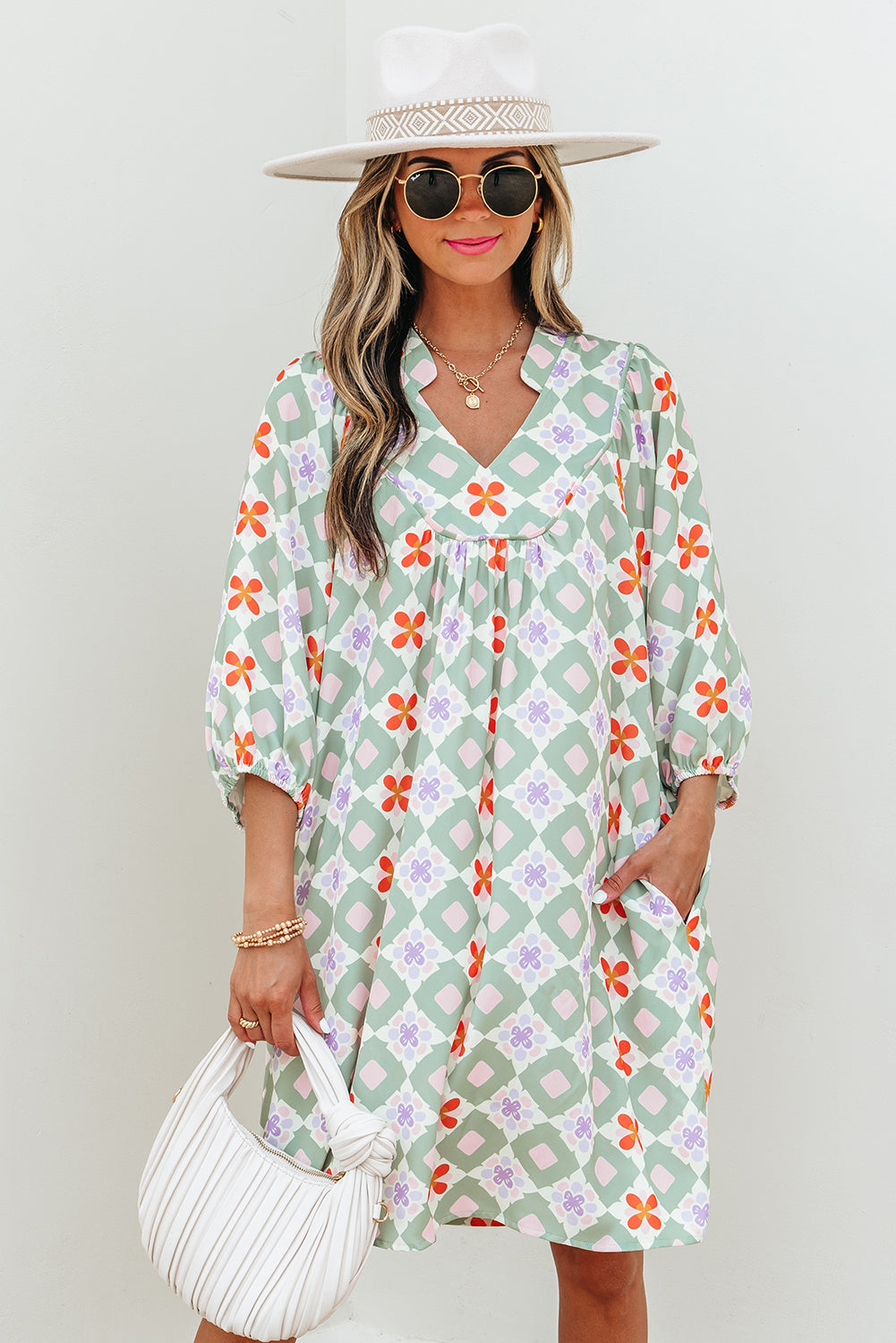 Green Geometric Floral Print Layered Flutter Sleeve V Neck Ric Rac Trim Blouse