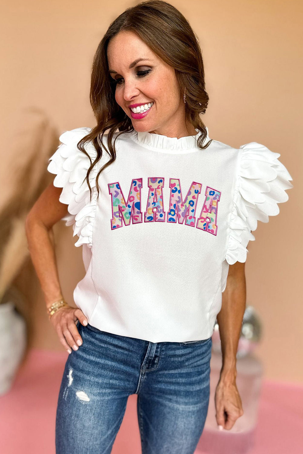 Bright Pink Solid Color Scalloped Ruffle Sleeve Top