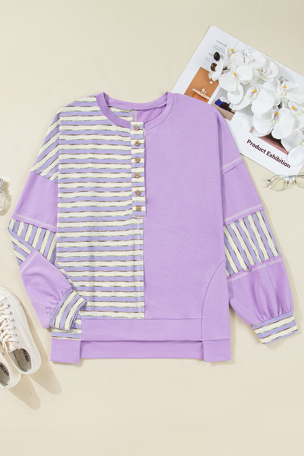 Khaki Stripe Stitched Detail Color Block Patchwork Oversized Pullover Top