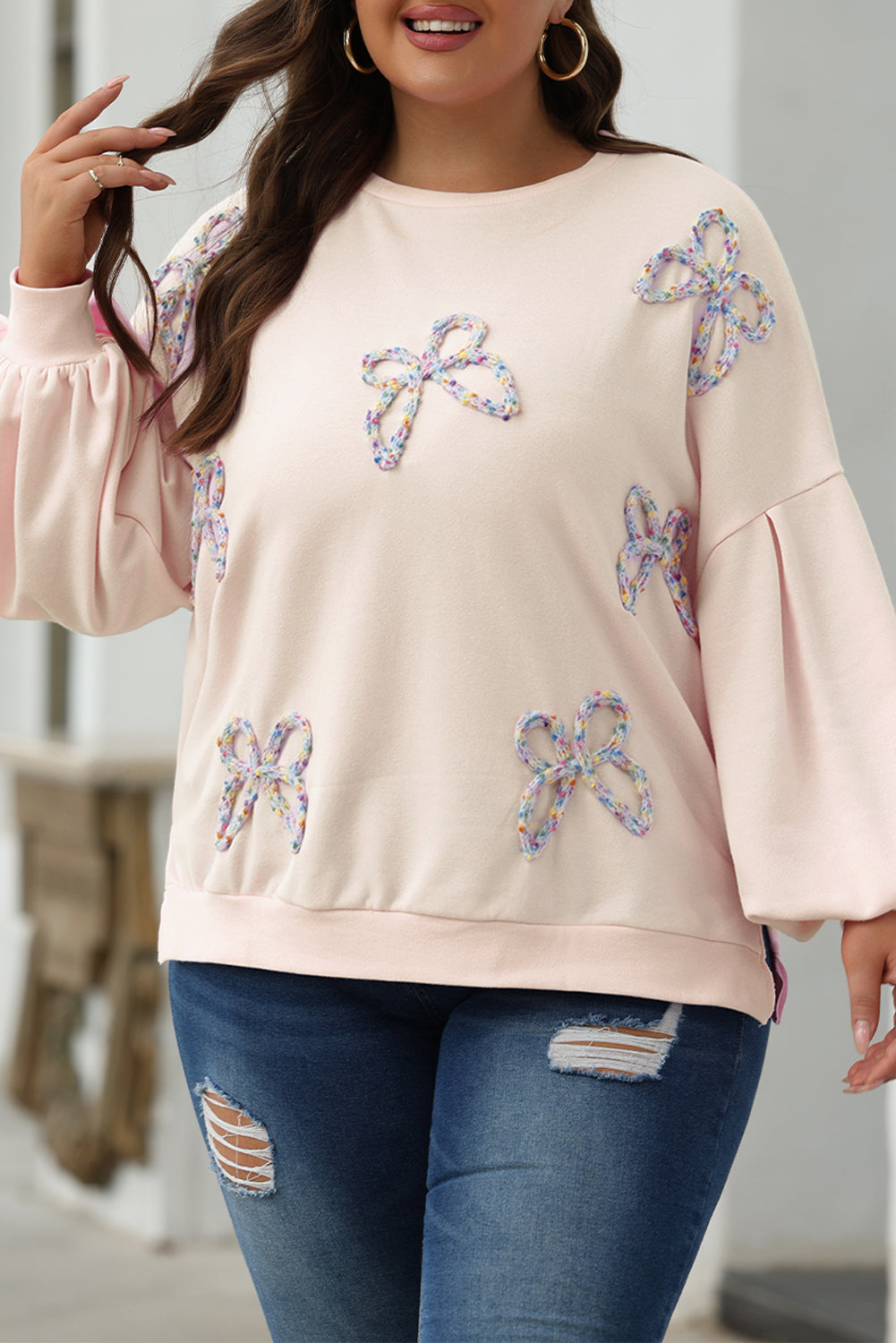 Light Pink Embroidered Bow Lantern Sleeve Oversized Pullover Sweatshirt