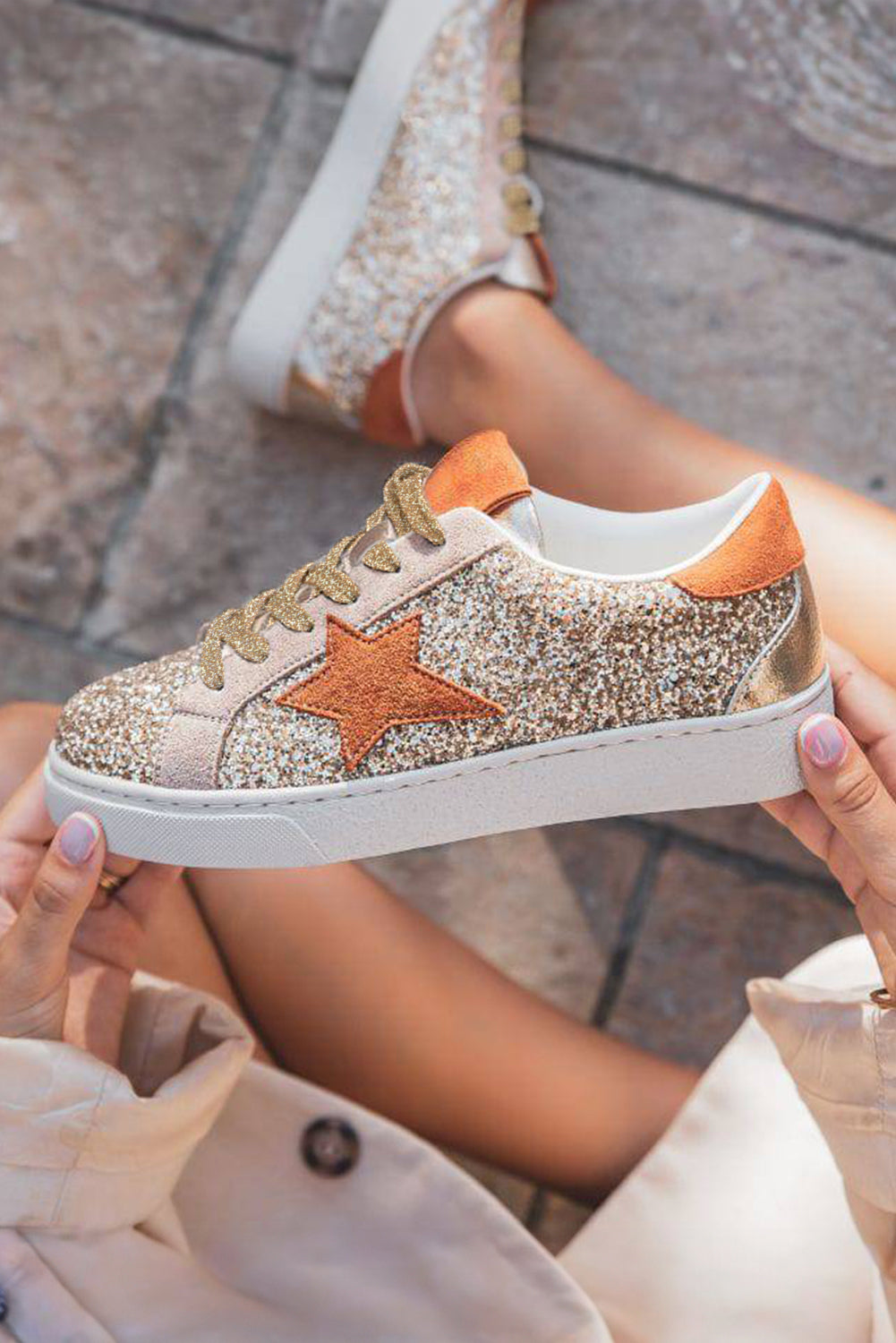 Dearlove Gold Glitter Star Patchwork PU Leather Lace-up Sneakers