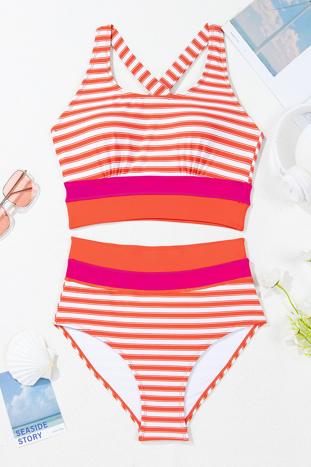 Orange Stripe Color Block Patchwork Cross Straps High Waist Bikini Swimsuit