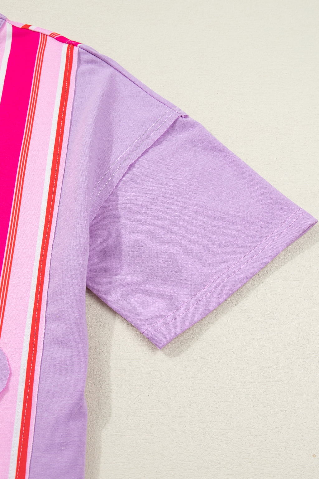Pink Striped Color Block Flower Patched Half Sleeve Loose Top