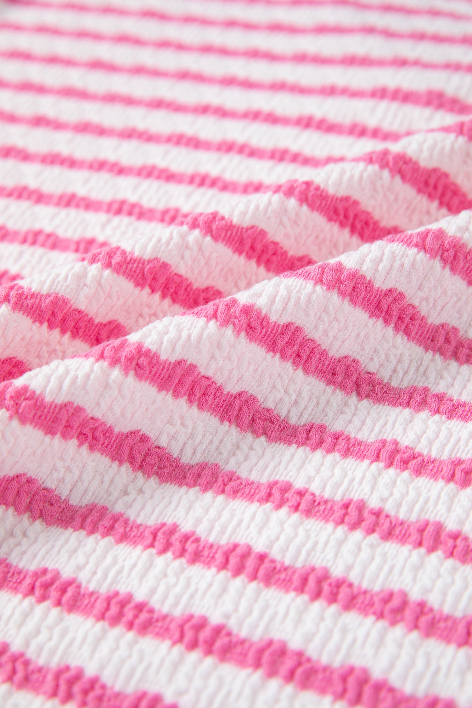 Pink Stripe Textured Knit Contrast Trim V Neck Short Sleeve Top