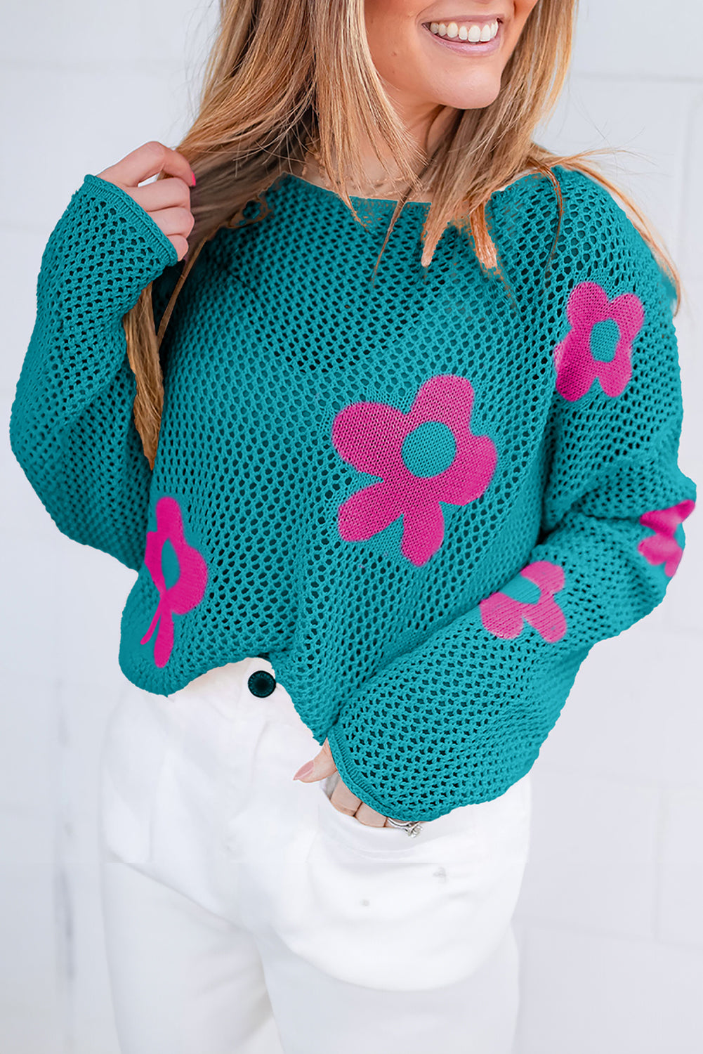 Light Pink Big Flower Hollowed Knit Drop Shoulder Sweater