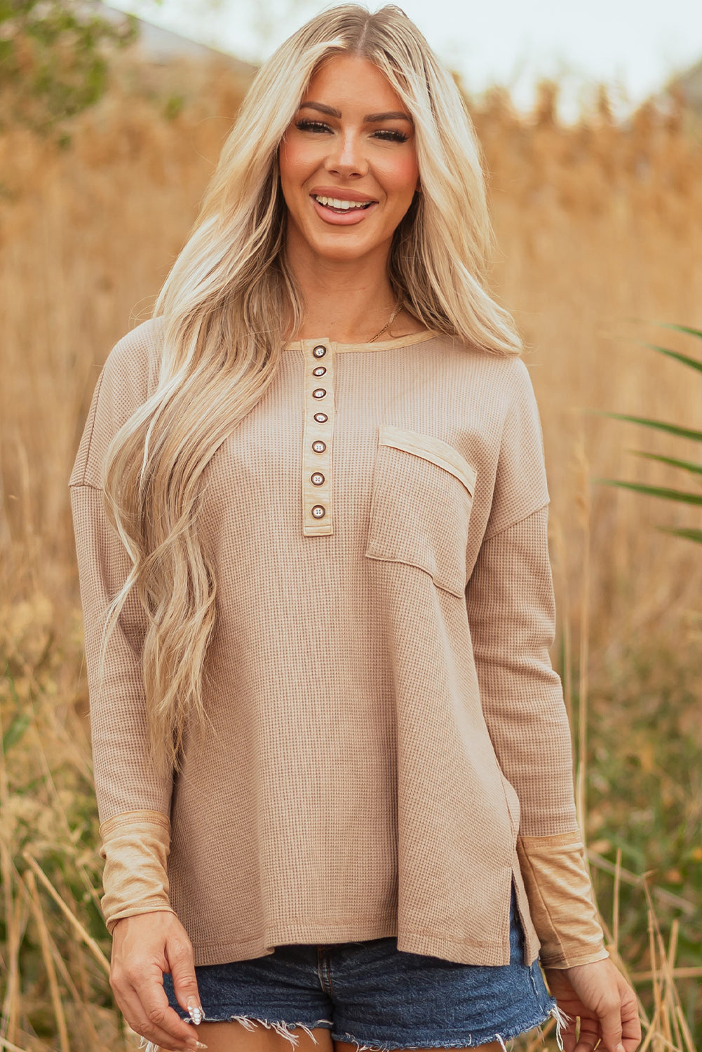 Vineyard Green Color Block Waffle Textured Tunic Henley Top with Slits