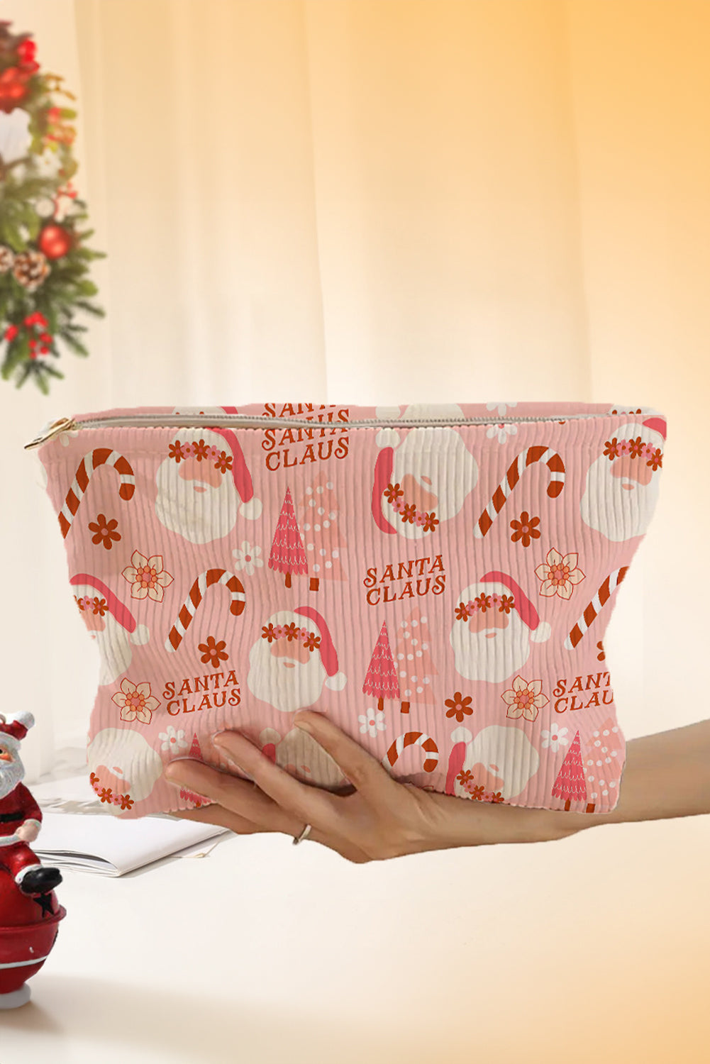 White Christmas Fashion Print Corduroy Zip Up Cosmetic Bag