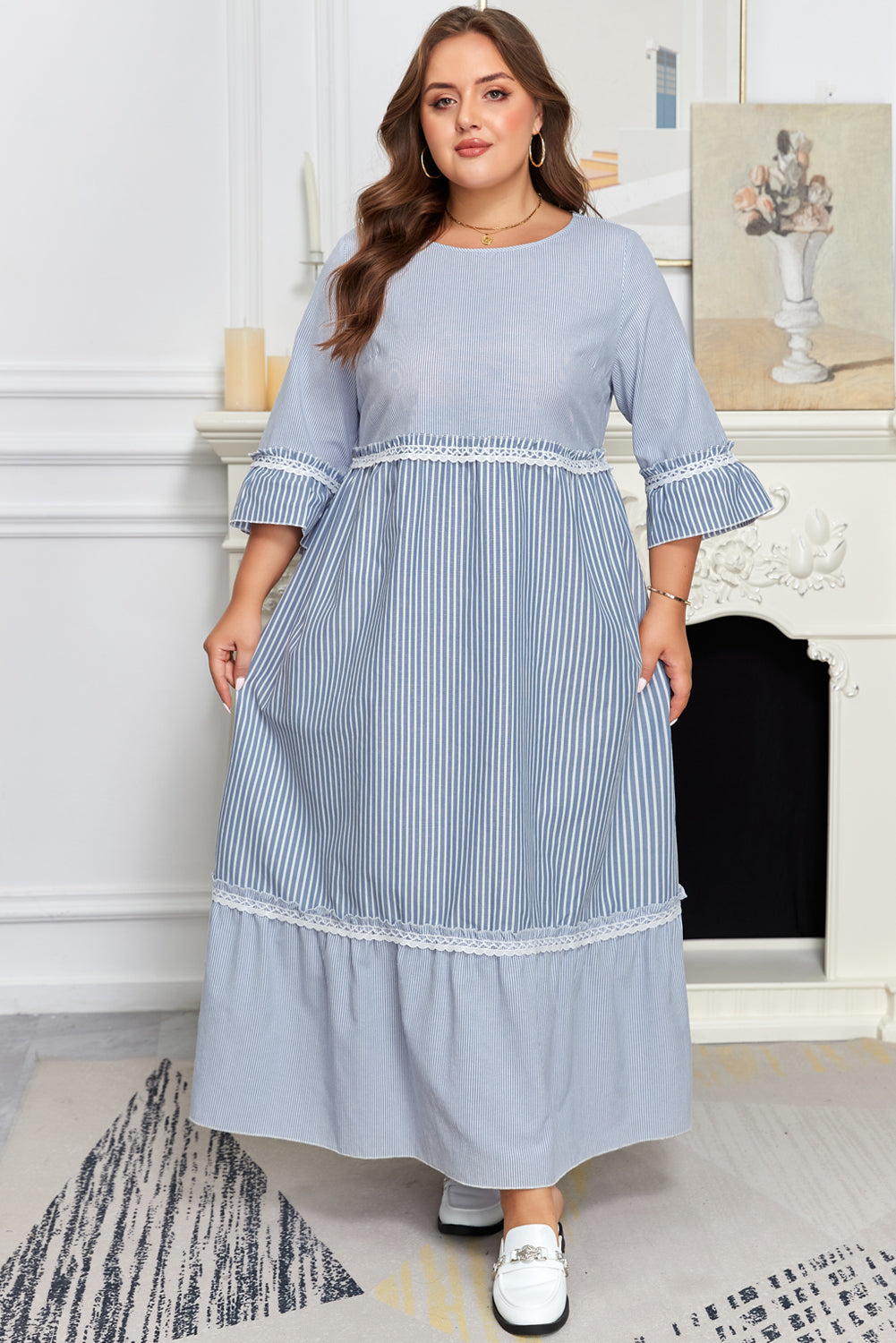 Sky Blue Stripe Patchwork Crossed Lace Detail Bracelet Sleeve Maxi Dress