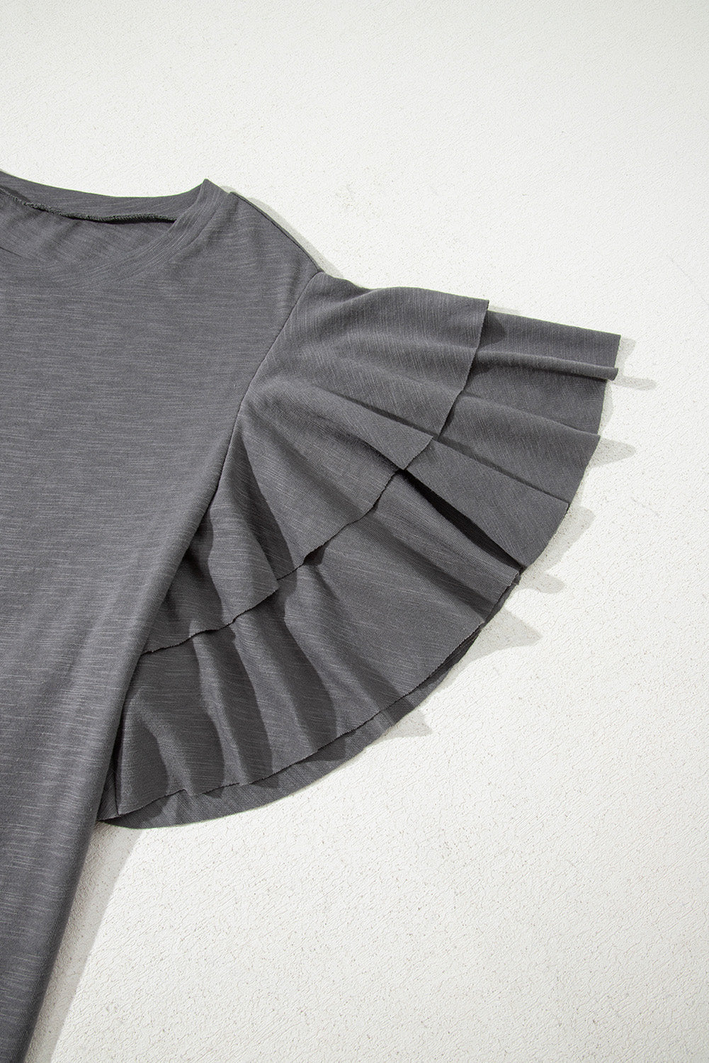 Dark Grey Layered Ruffle Short Sleeve Round Neck Top