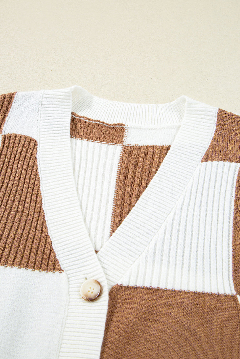Khaki Checkered Ribbed Texture Knit Plus Size Cardigan Sweater