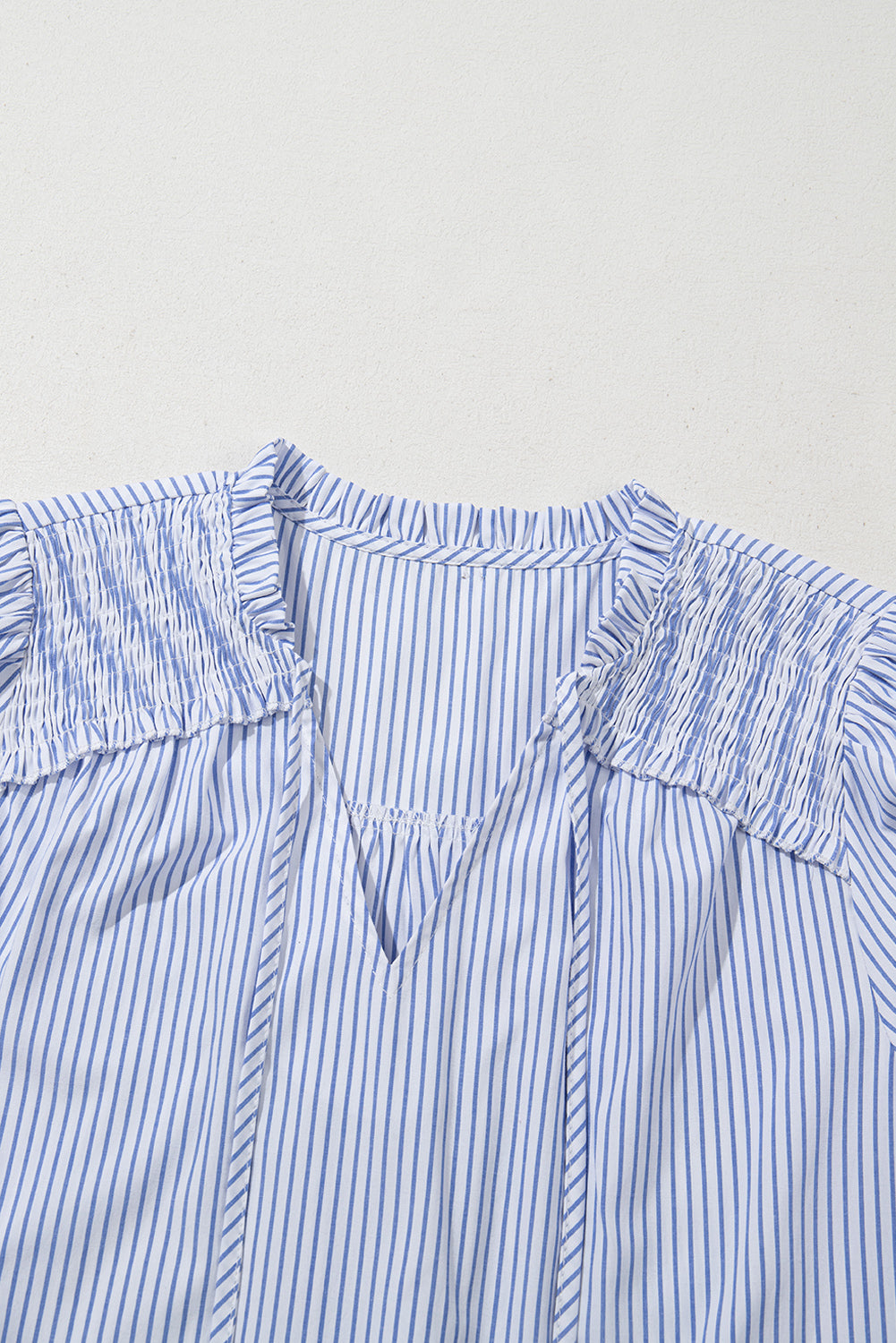 Gray Stripe Shirred Detail V Neck Puff Half Sleeve V Neck Blouse