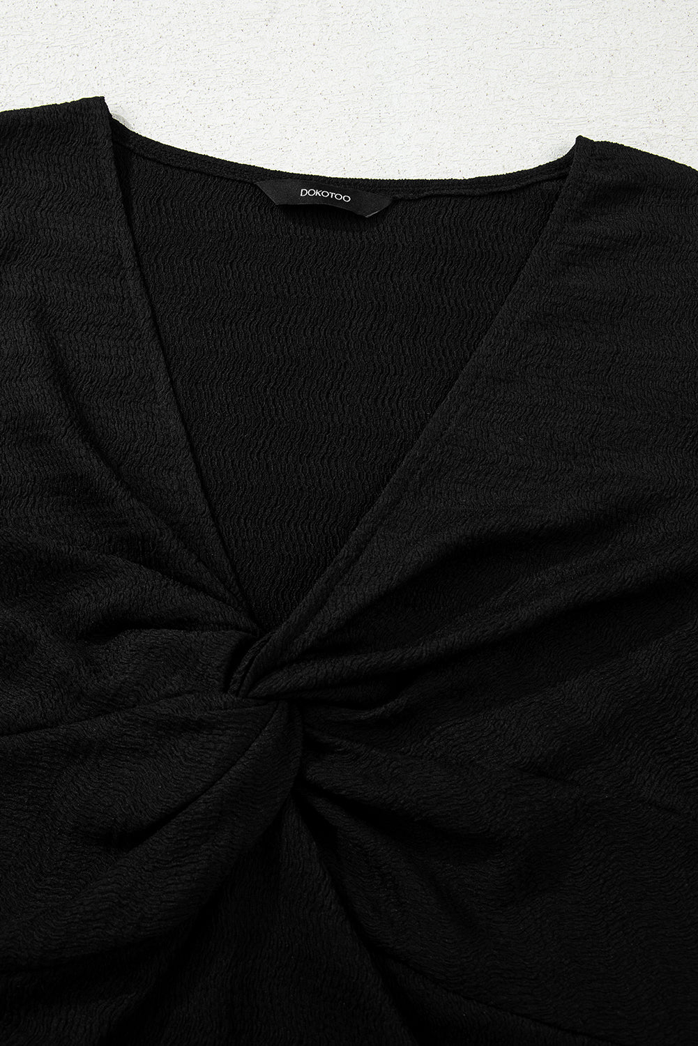 Moonlight Jade Textured Twist Front V Neck Long Sleeve Slim Solid Color Top