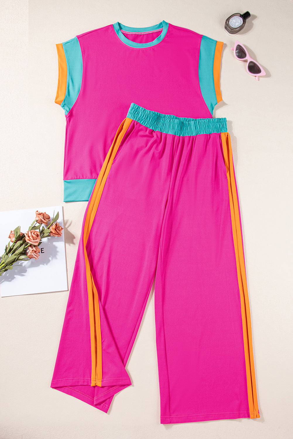 White Color Block Detail Casual Two-piece Set