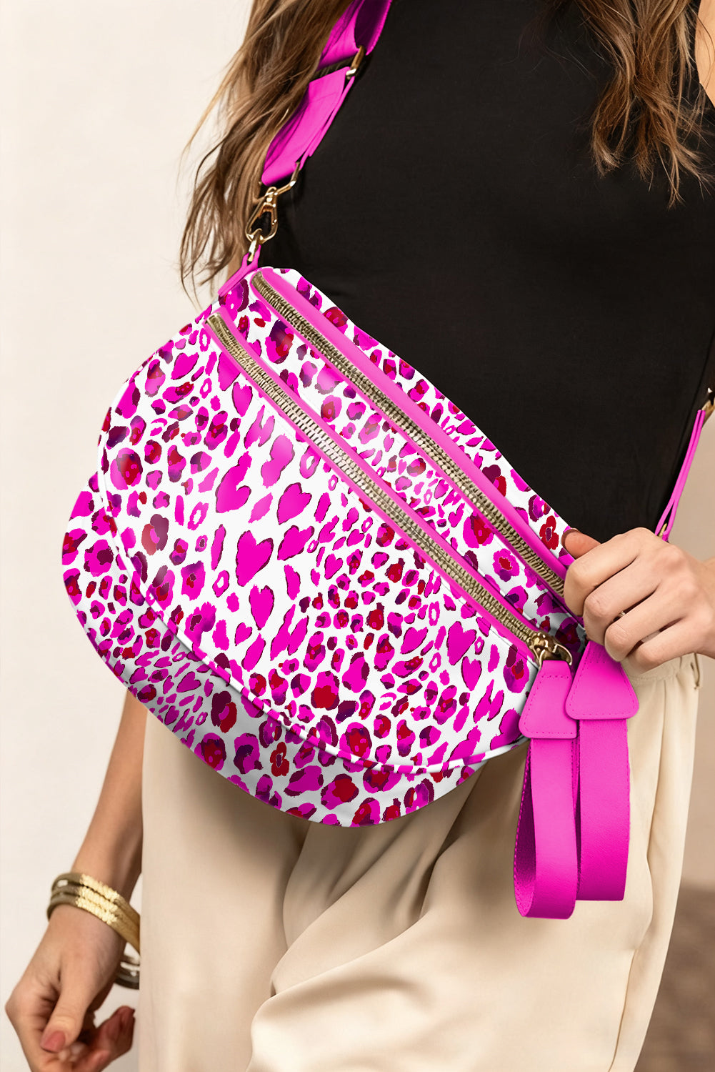 Black Floral Printed Double Zip Crossbody Bag