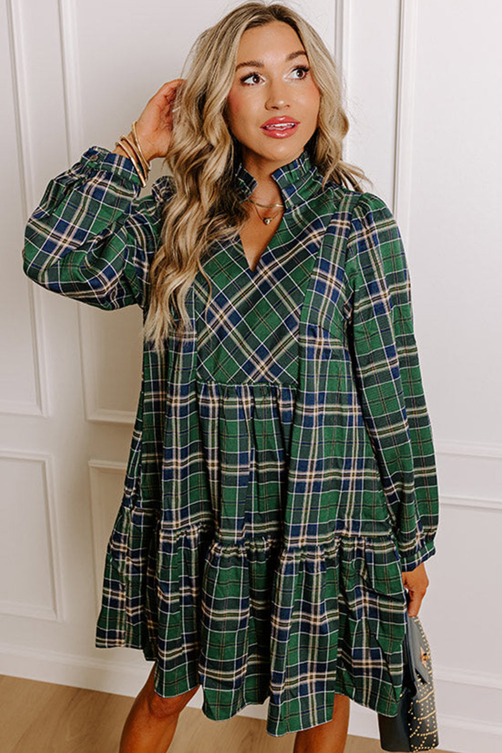 Green Plus Size Plaid Long Sleeve Notched Neck Shift Mini Dress