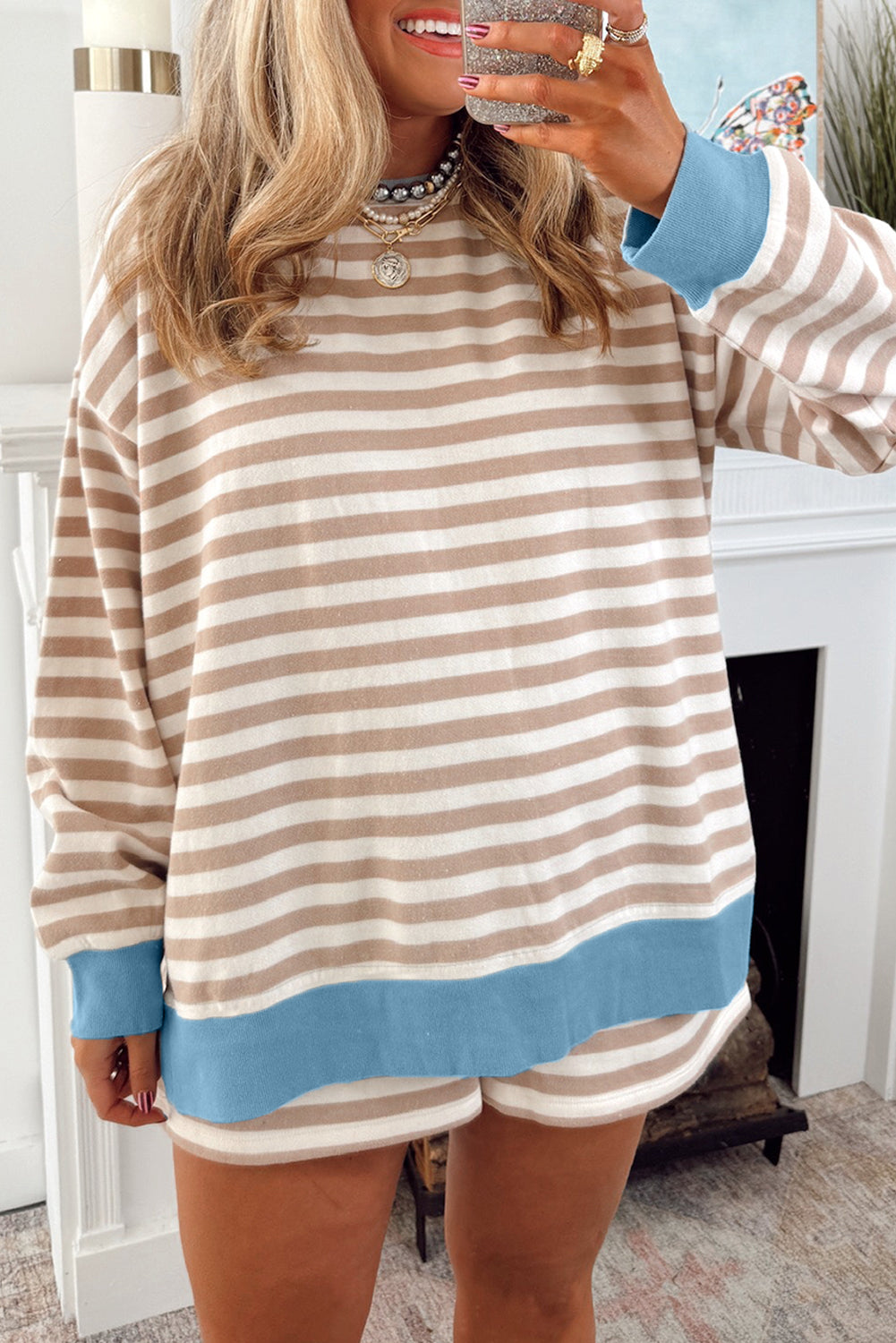 Khaki Stripe Contrast Edge Drop Shoulder Pullover and Shorts Plus Size Set